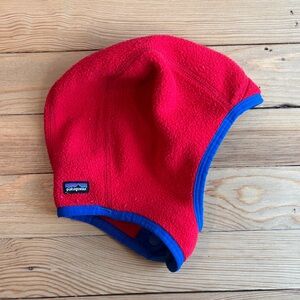 Patagonia Vibrant Red Fleece Hat with Blue Trim